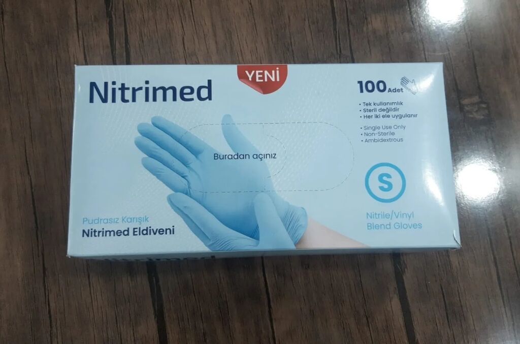 Nitril/Vinil əlcəklər. Mavi rəng, pudrasız əlcəklərdir. Obtavoy alışda