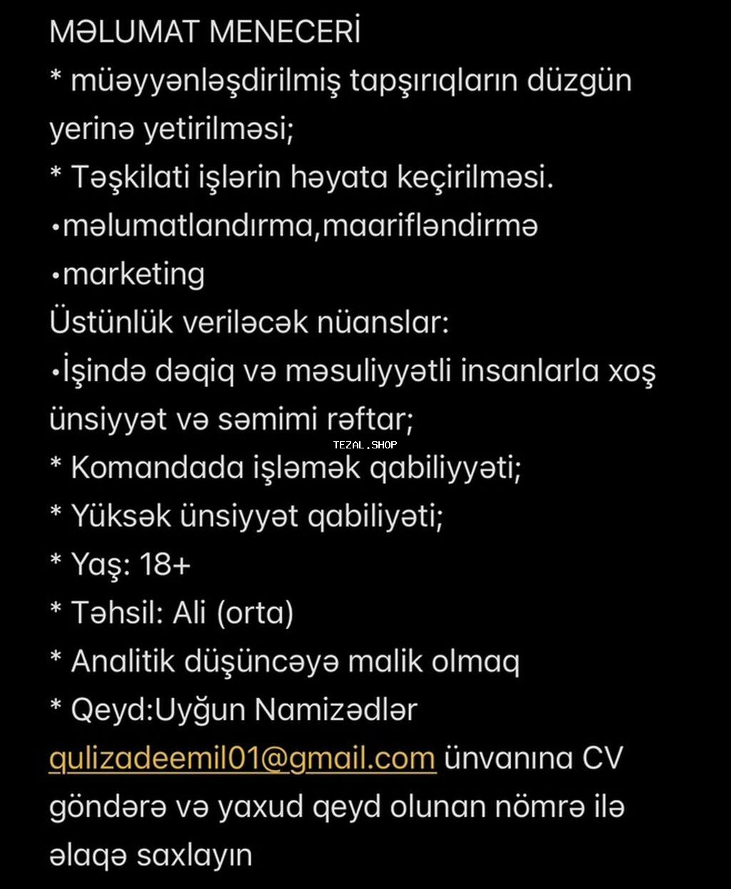Marketoloq tələb olunur, İstənilən yaş, 1 ildən az təcrübə