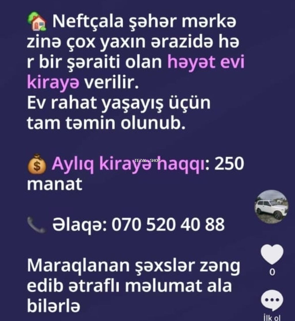 Neftçala şəhər mərkəzinə çox yaxın ərazidə hər bir şəraiti olan həyət