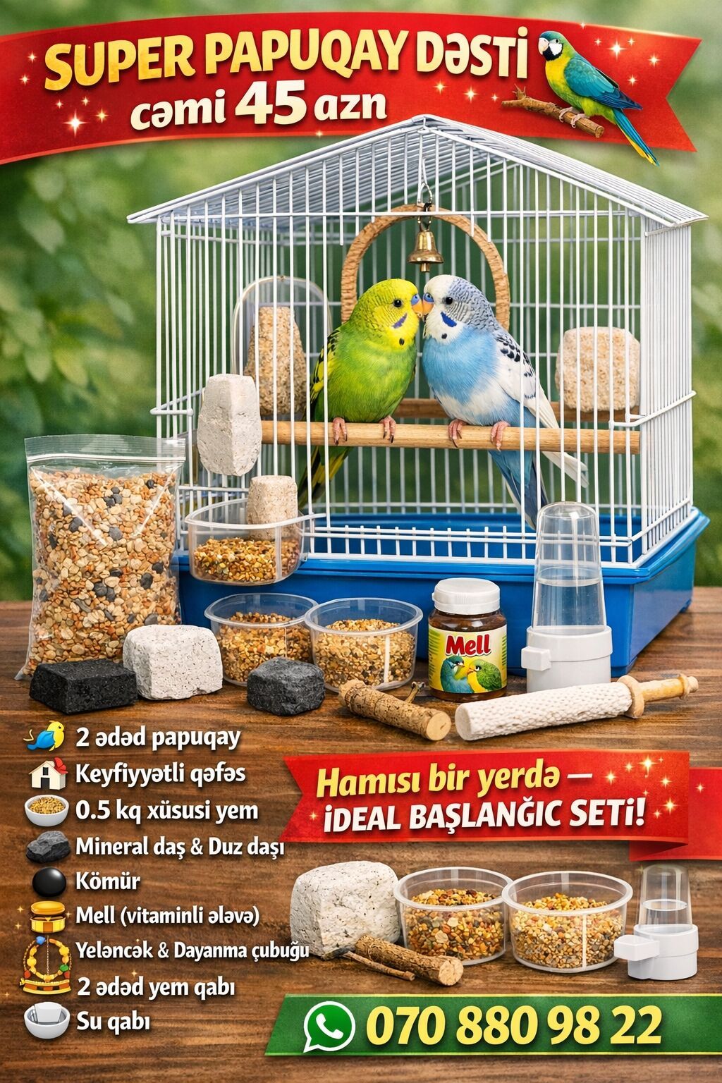 SUPER PAPUQAY DƏSTİ 🦜cemi 45 azn ✨ Hamısı bir yerdə – ideal başlanğıc