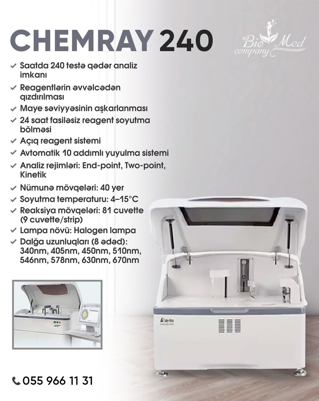 CHEMRAY 240 – tam avtomat biokimya analizatoru - Saatda 240 testə