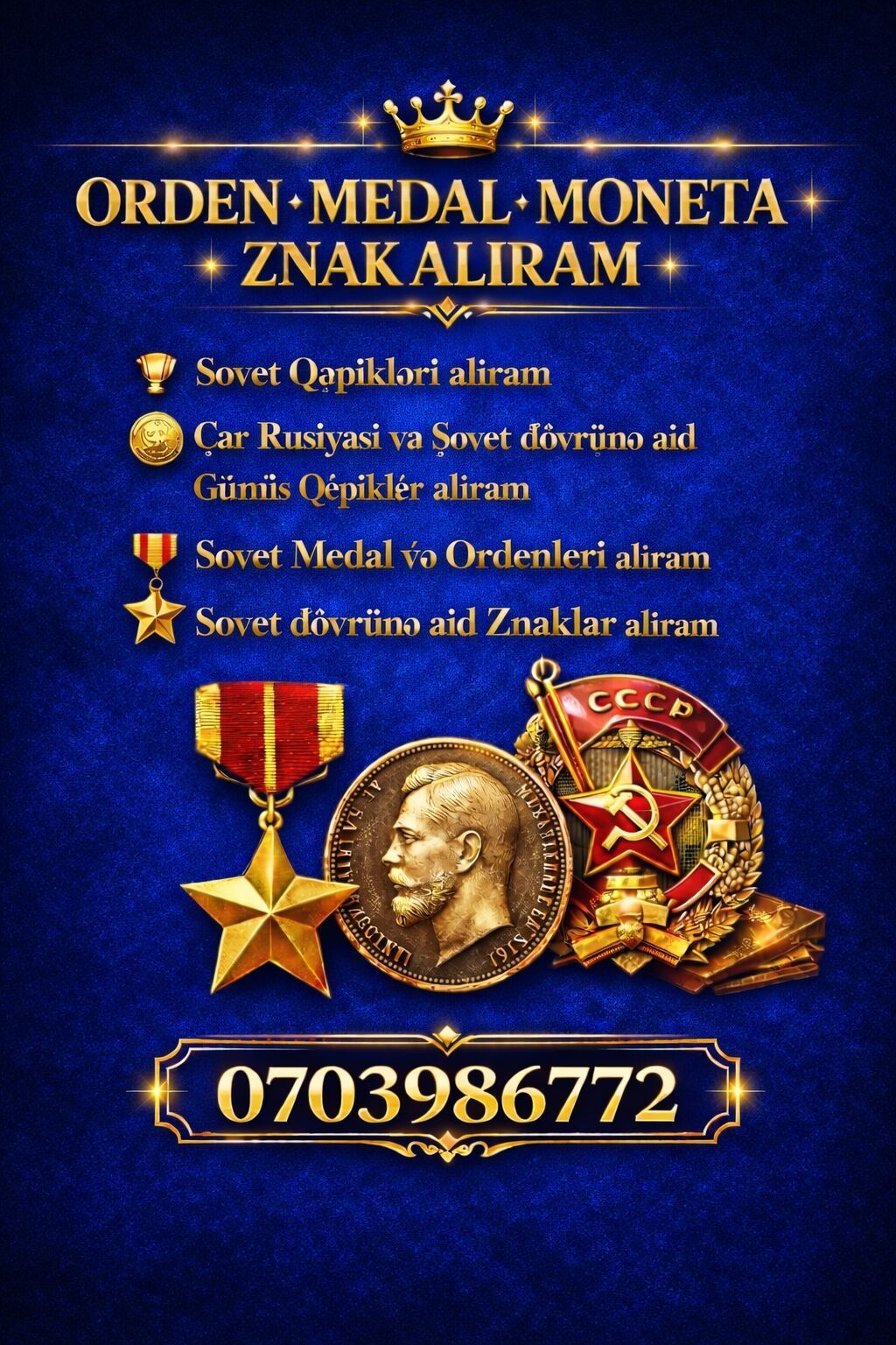 Xidmət: Orden, medal, sikkə və nişanların qəbulu Açıqlama: - Sovet