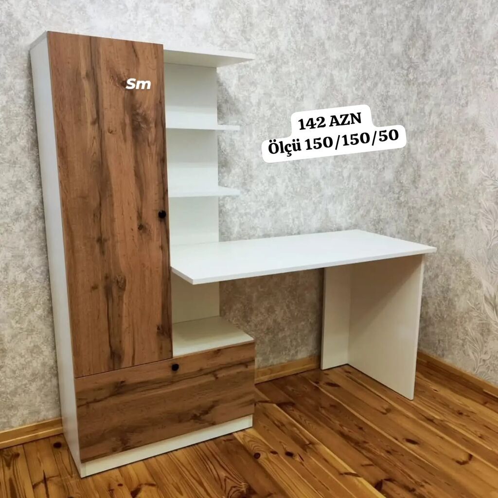 Masa və şkafdan ibarət iş/stolüstü dəst - Rəng: ağ korpus, ağ