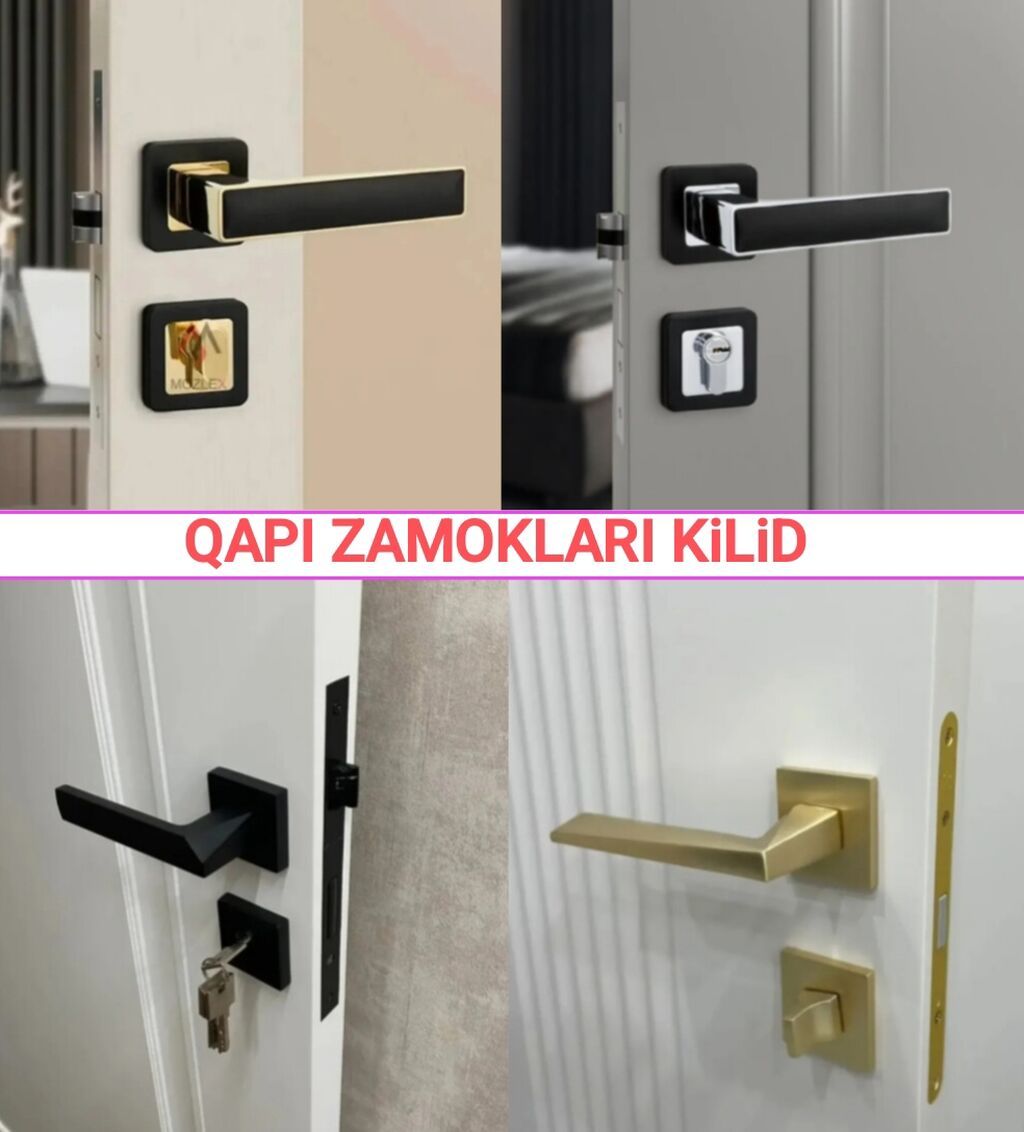 Müasir dizaynlı qapı zamokları və tutacaqlar dəsti. - Daxili qapılar