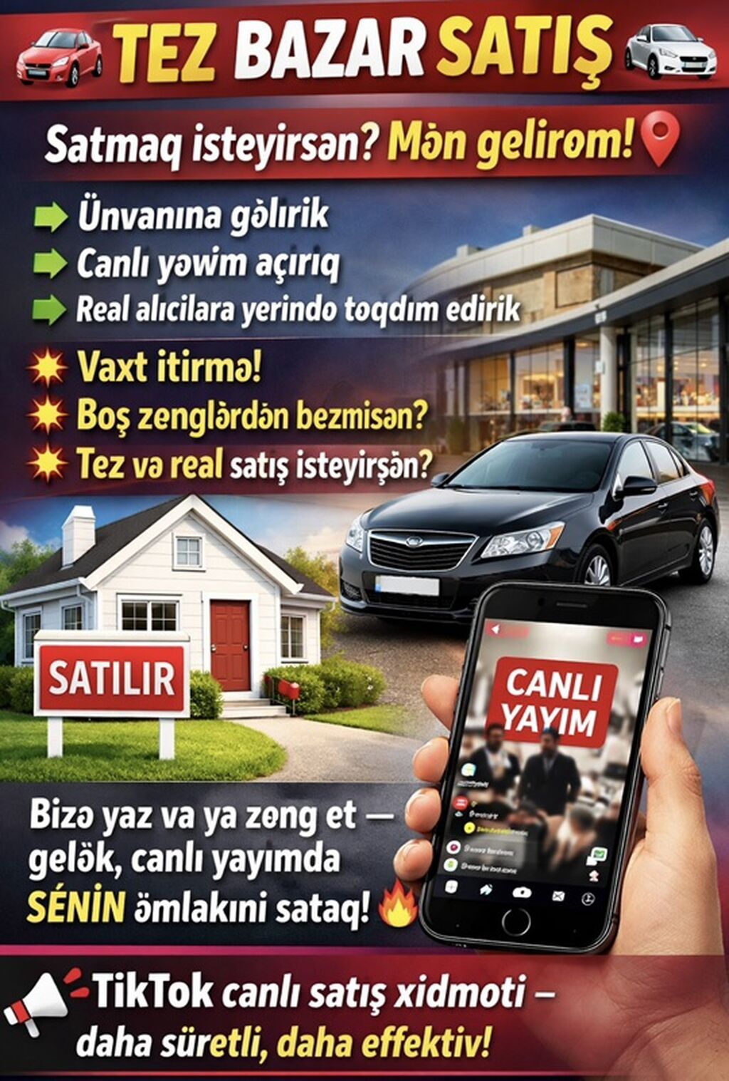 Xidmət: Tez bazar satış – canlı yayımda tez və real satış Təsvir: -
