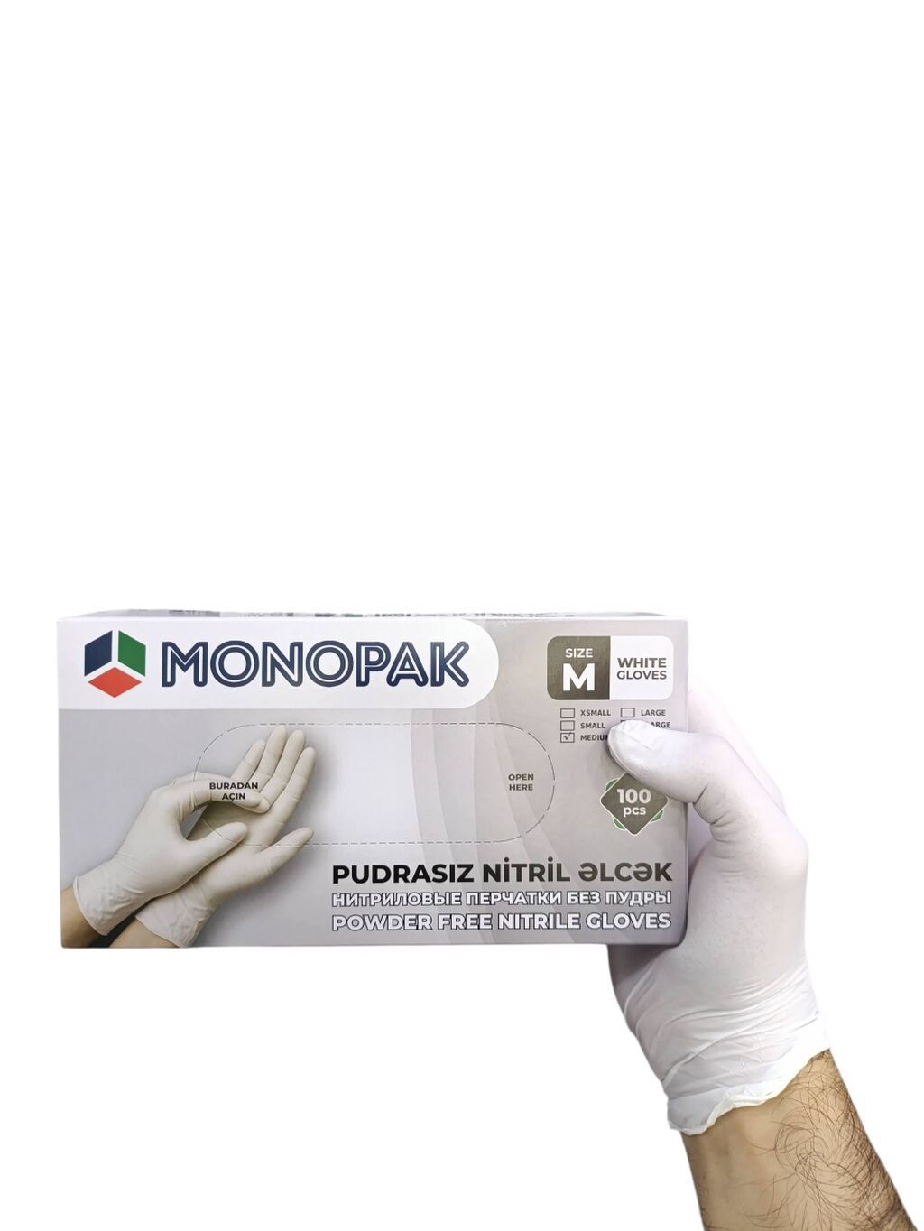 Monopak ağ, pudrasız nitril əlcəklər - Material: nitril (lateks və