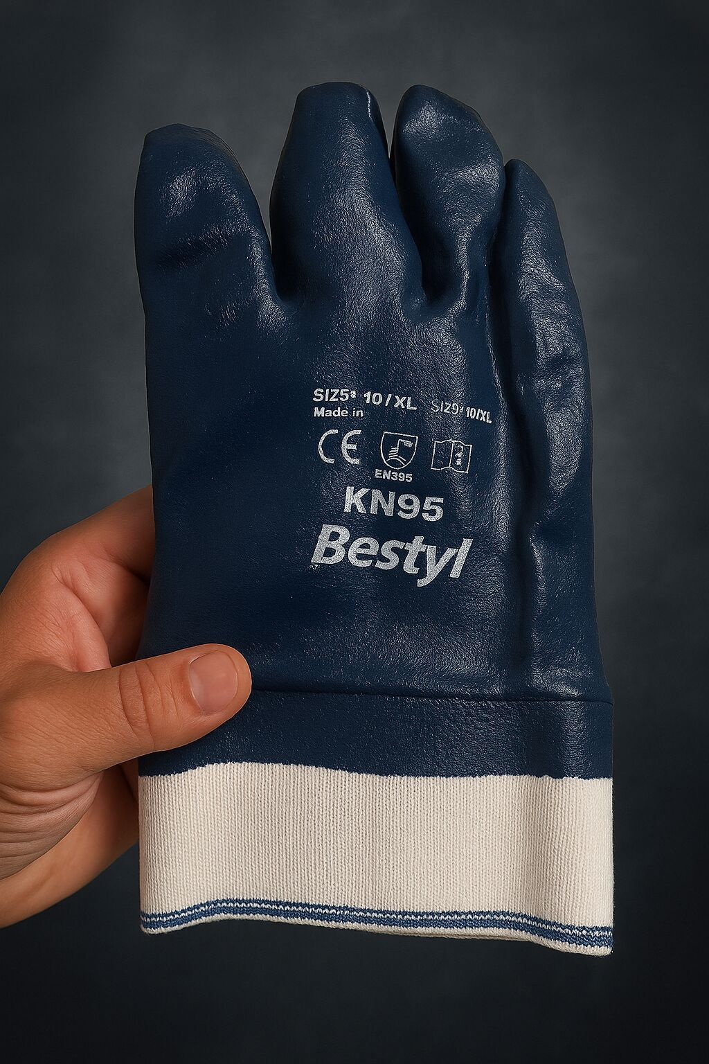 Baby markalı, tünd göy rəngdə, 10/XL ölçülü iş əlcəyi. Əlcəyin ağ