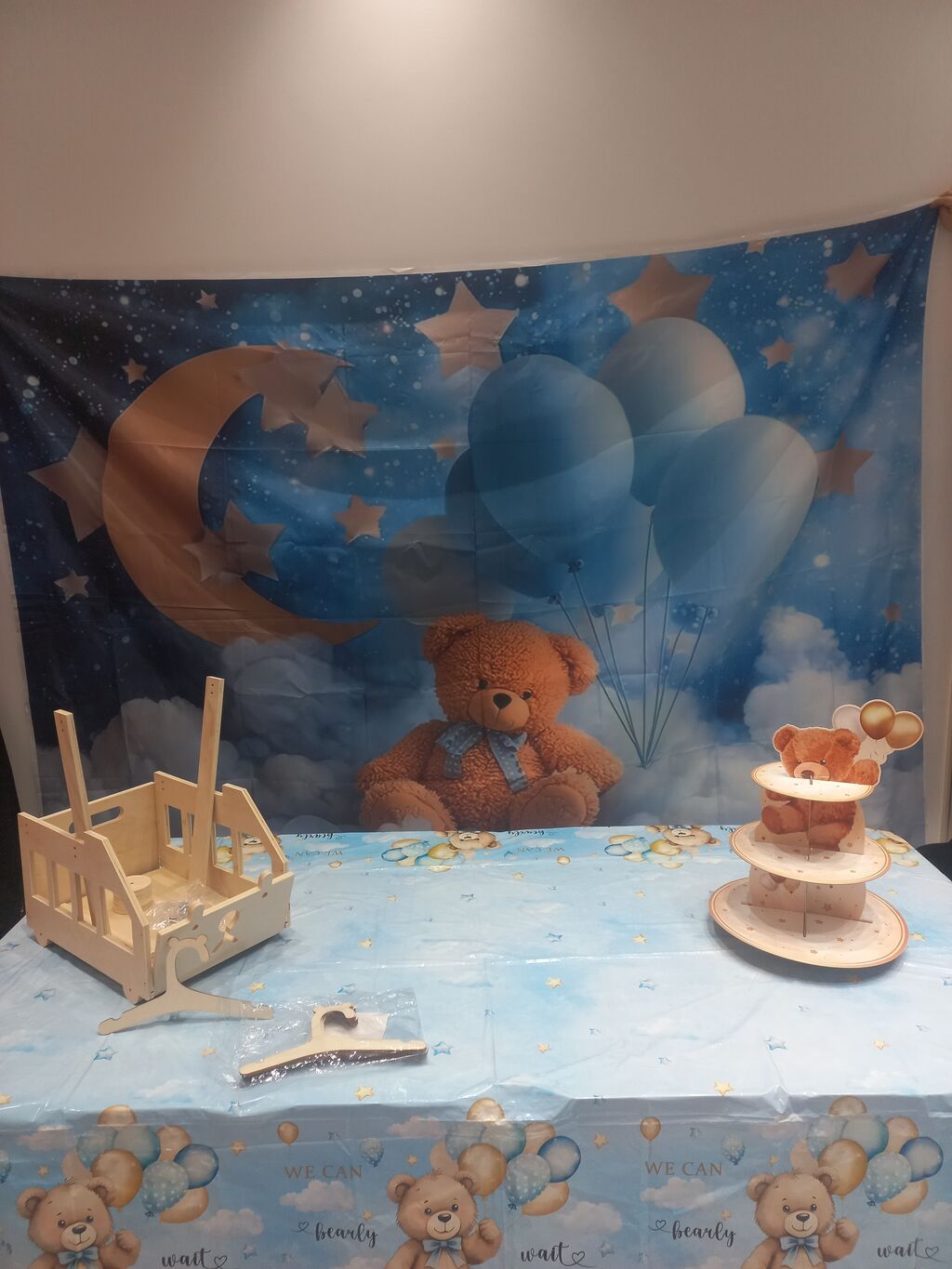 Mavi temalı “ay-ulduz və ayıcıq” dekor dəsti – körpə şənlikləri, baby