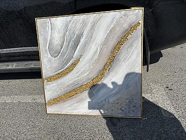 Abstrakt dekorativ tablo dəsti - Kətan üzərində akril və tekstural - şəkil 3