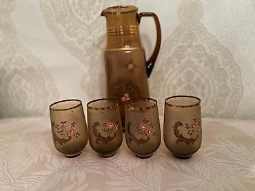 Qızılı naxışlı şüşə sürahi və stəkan dəsti - Dəst: 1 ədəd sürahi + 4 - şəkil 2