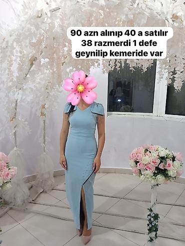 Mavi rəngli zərif ziyafət donu - Ölçü: 38 - Kəməri var - Model - şəkil 3