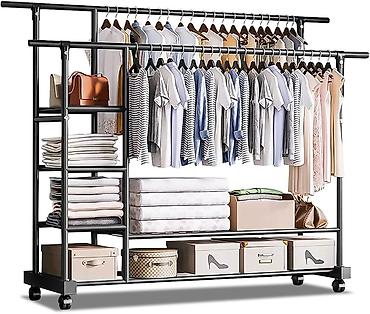 İkiqat asılqanlı, çoxtəbəqəli mobil paltar rəfi - Ölçü: 150 sm en - şəkil 4