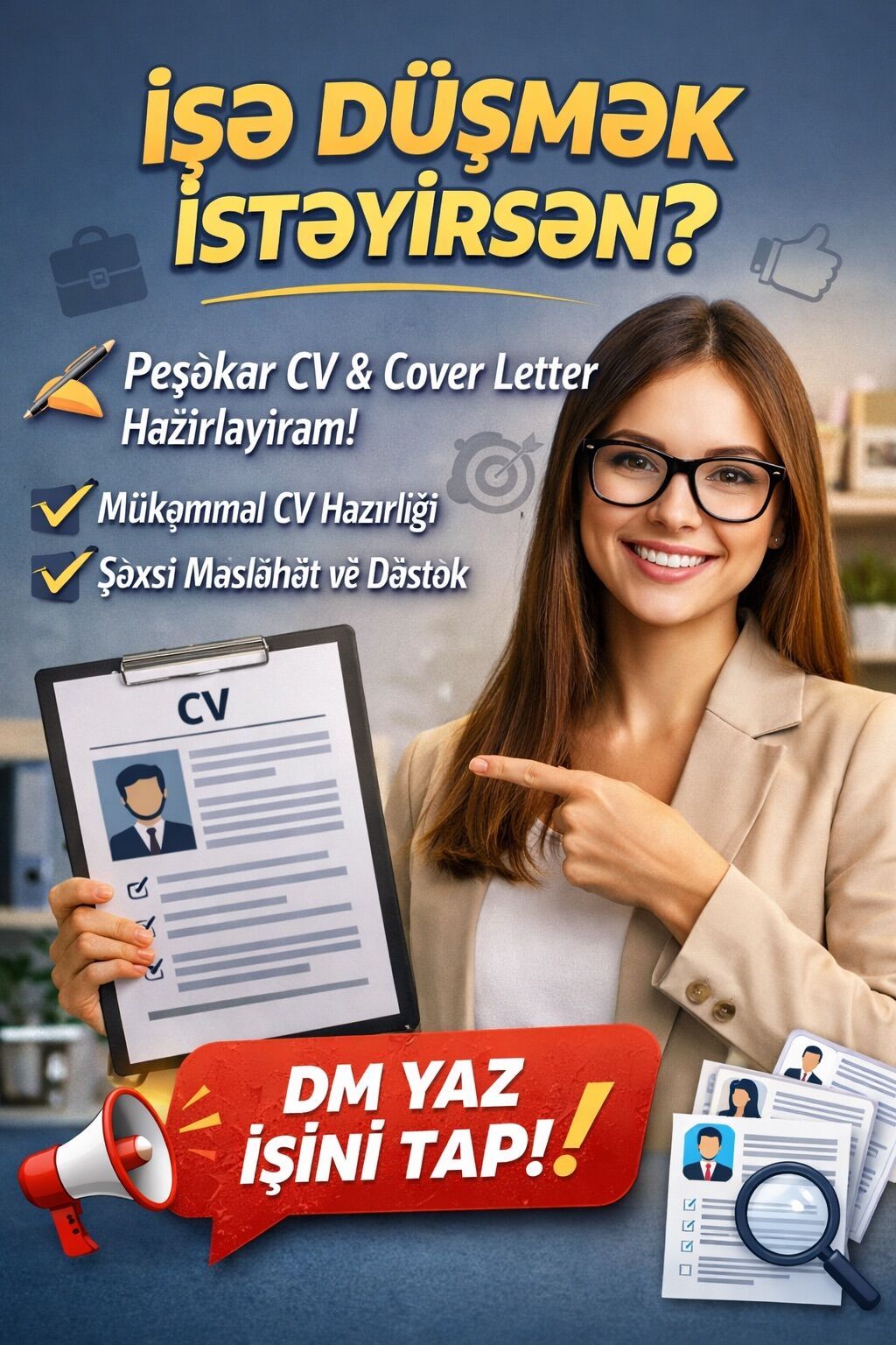 💼 İşə qəbul olma şansını artır! ✍️ Peşəkar CV & Cover Letter