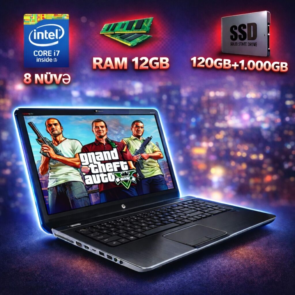 I7-8nüvə/RAM 12GB/ 17'3 Mat ekran/SSD+HDD-1.000GB 💻Əla variantı