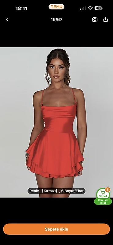 Qırmızı mini don – zərif, ipli arxalı, ikiqat ətəkli - Model: qısa - şəkil 3