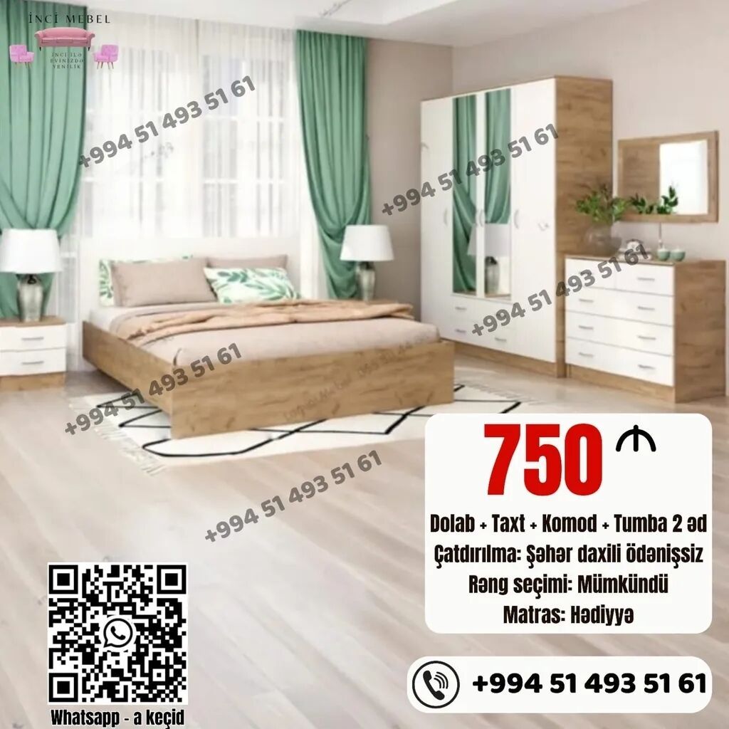 2 təknəfərlik çarpayı, Dolab, Termo, 2 tumba, Azərbaycan, Yeni