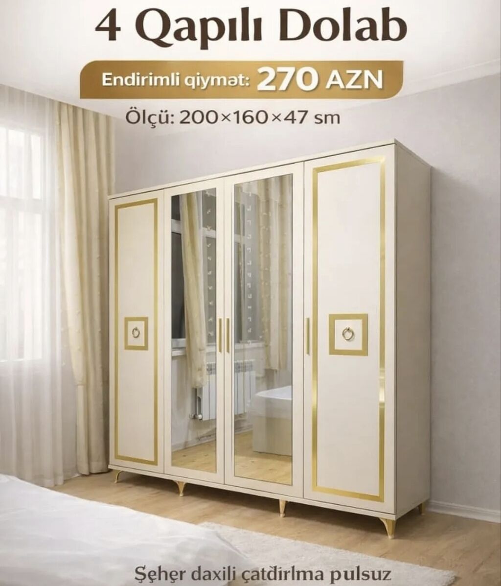 4 qapılı dolab Ölçü: 200 × 160 × 47 sm Rəng və dizayn: Ağ korpus