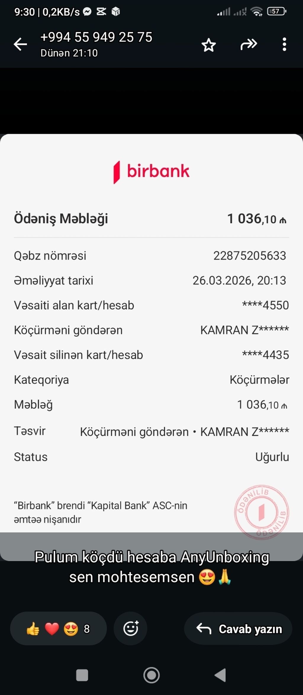 Xidmət: Birbank vasitəsilə elektron pul köçürməsi Təsvir: - Birbank
