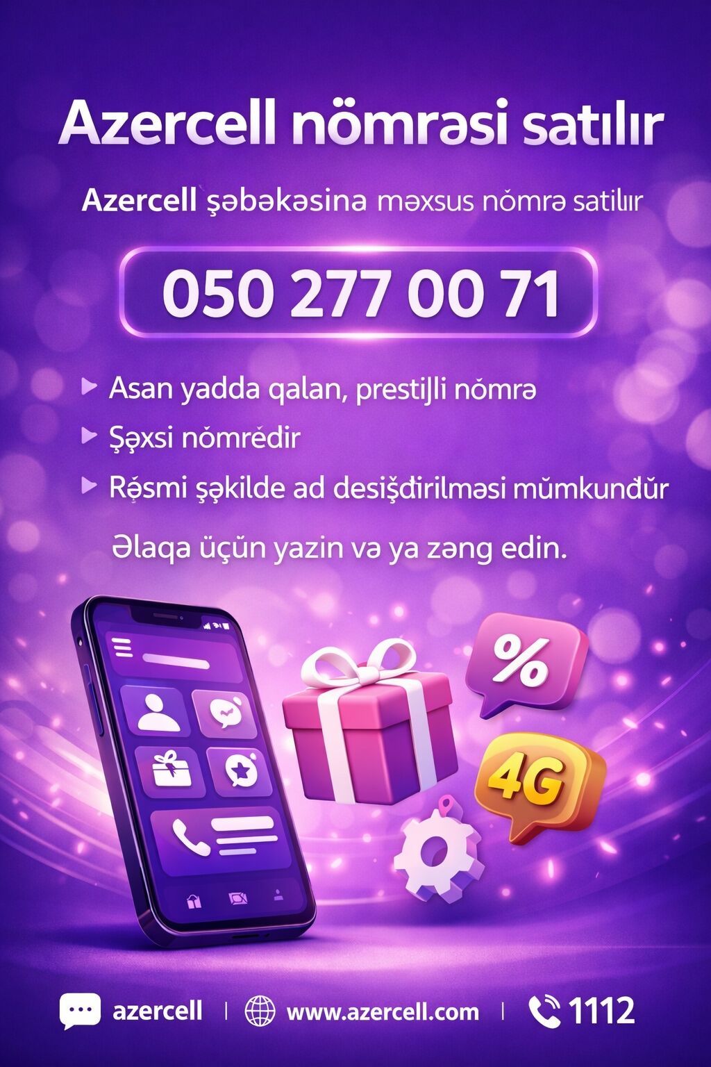 Satılır nömrə: 050-277-00-71 Nömrə cəmi 2 ay istifadə olunub