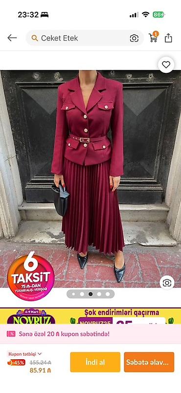 Ağ saruçka -20m Qadın geyim dəsti – 38 (M) ölçü -40m 1) Bordo ceket - şəkil 3