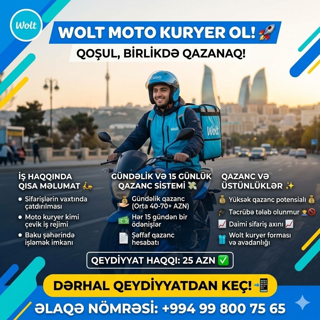 Moto-kuryer tələb olunur, Ayda 2 dəfə ödəniş, Təcrübəsiz