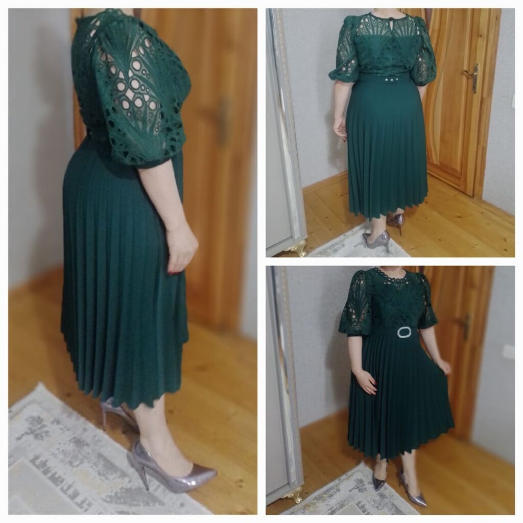 Zümrüd-yaşıl rəngdə zərif qadın donu. - Üst hissə: naxışlı, dekolteli