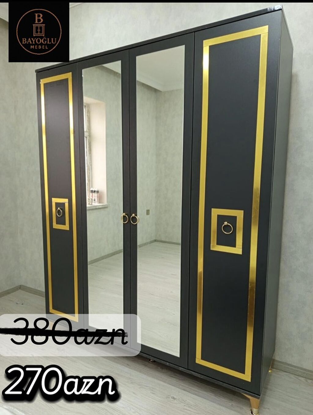 Yeni, 4 qapılı, Güzgülü, Qara, Digər material, Açılan, Düz dolab