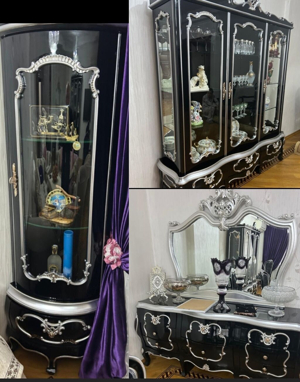 Qonaq otağı üçün klassik dəst – qara parlaq lak və gümüşü