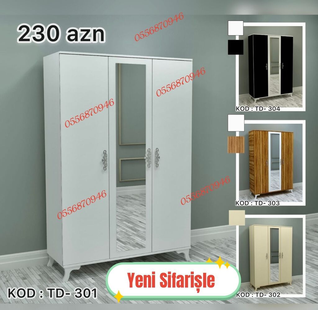 Yeni, 3 qapılı, Güzgülü, Ağ, Digər material, Açılan, Düz dolab