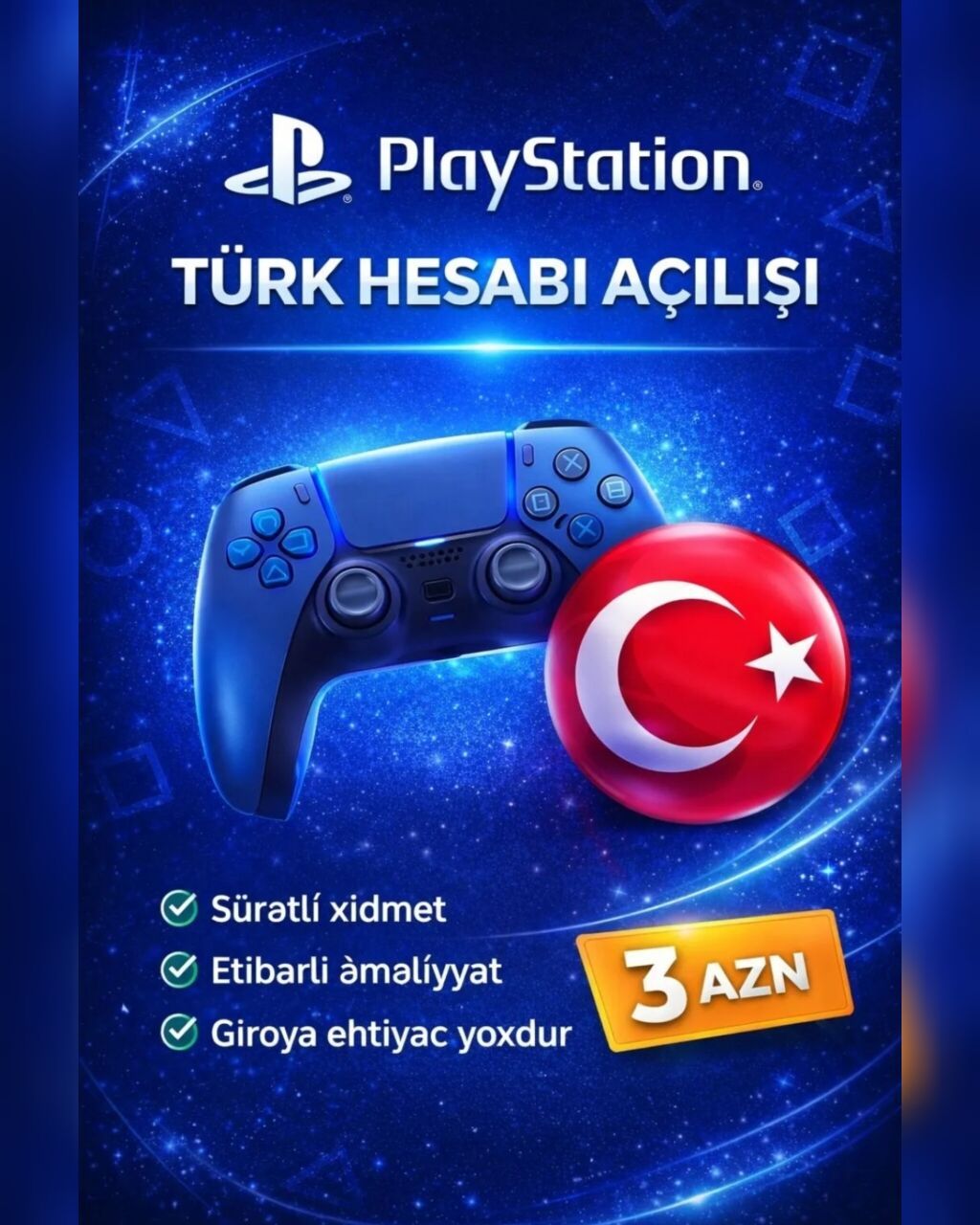 PlayStation üçün Türkiyə regionlu hesab yaradılması xidməti. Xidmətin