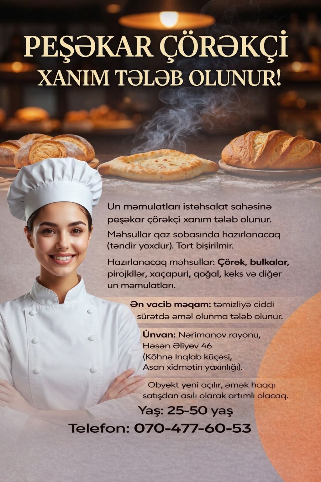 Aşpaz tələb olunur, Çörəkçi, 30-45 yaş, 3-5 illik təcrübə