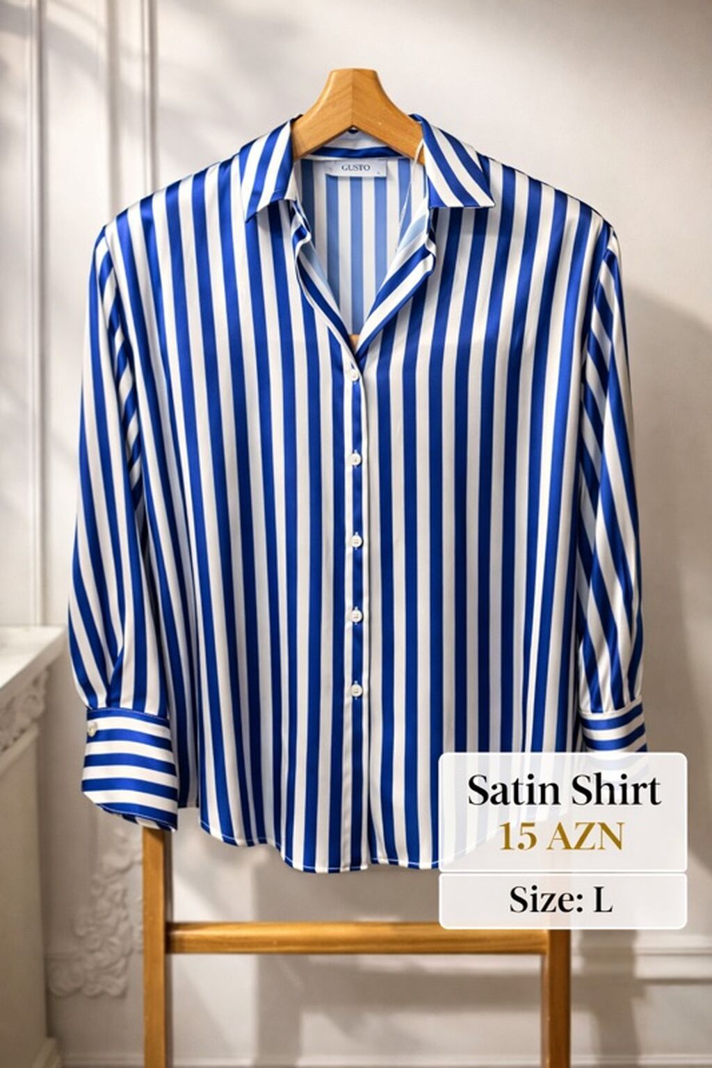 Satin köynək – zolaqlı dizayn - Material: parlaq saten, hamar toxuma