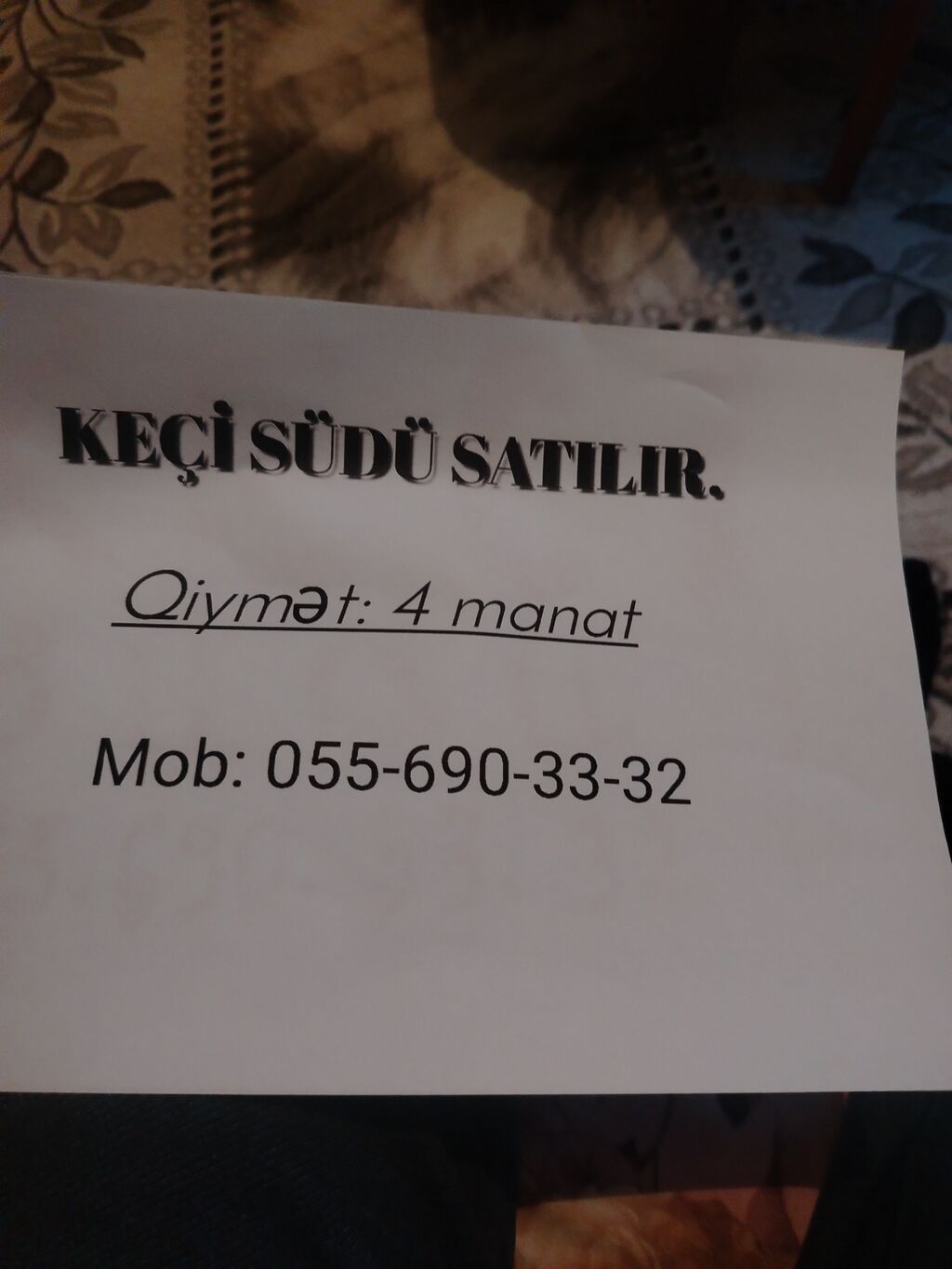 Məhsul: Keçi südü Təsvir: - Təbii keçi südü, gündəlik sağım. - Yemlə