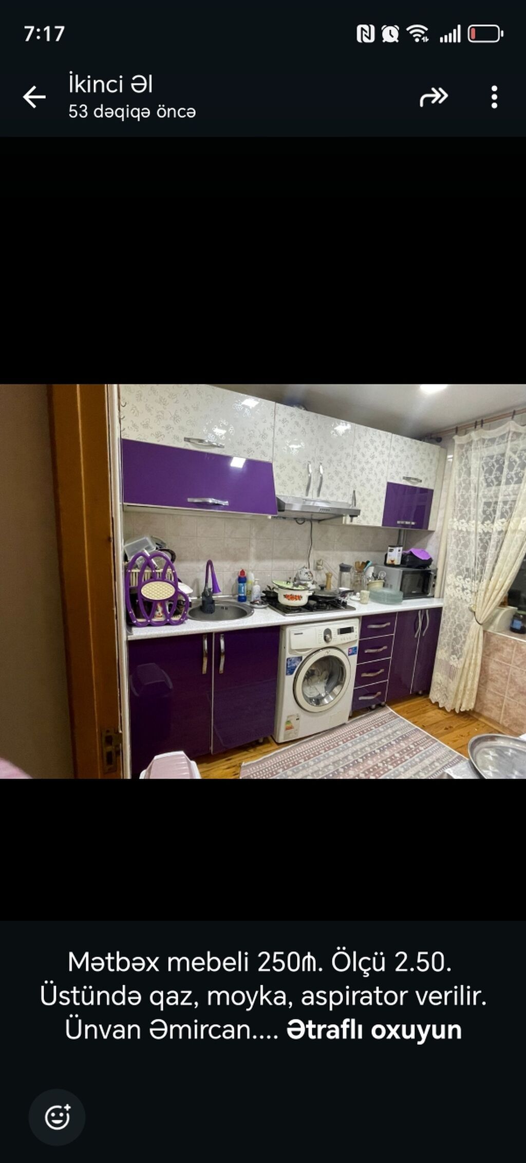 Mətbəx mebeli dəsti - Ölçü: 2.50 m - Komplektə daxildir: qaz