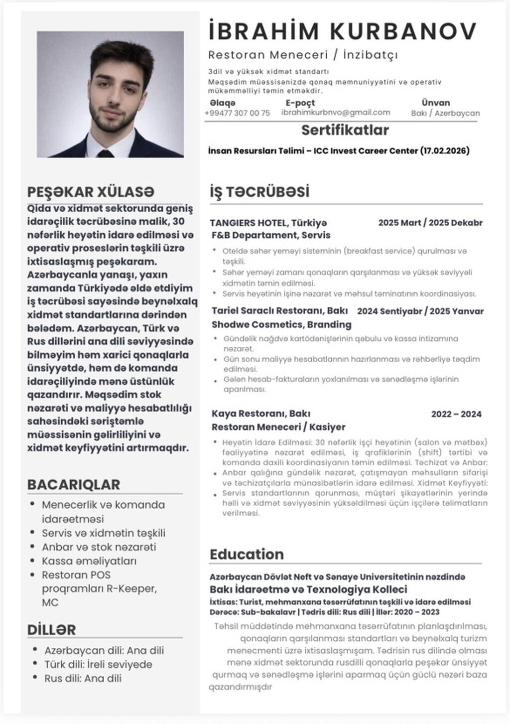 Administrator, 21 yaş, 1-2 illik təcrübə, Restoran