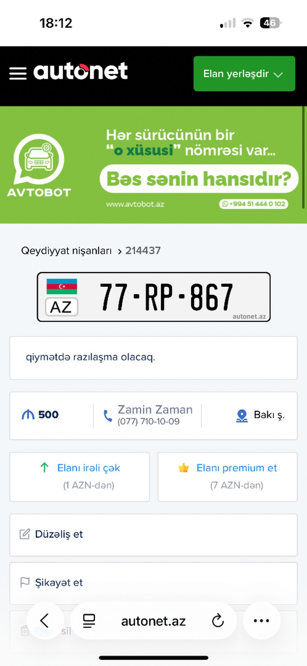 Təcili satılır. AZ nömrə nişanı: 77-RP-867 - Qeydiyyat ölkəsi